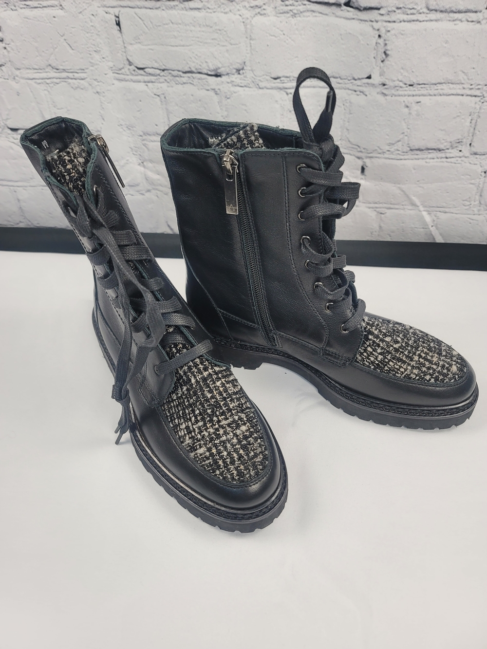 Aquatalia Black Leather Lace-Up Combat Boots with Tweed Accents
